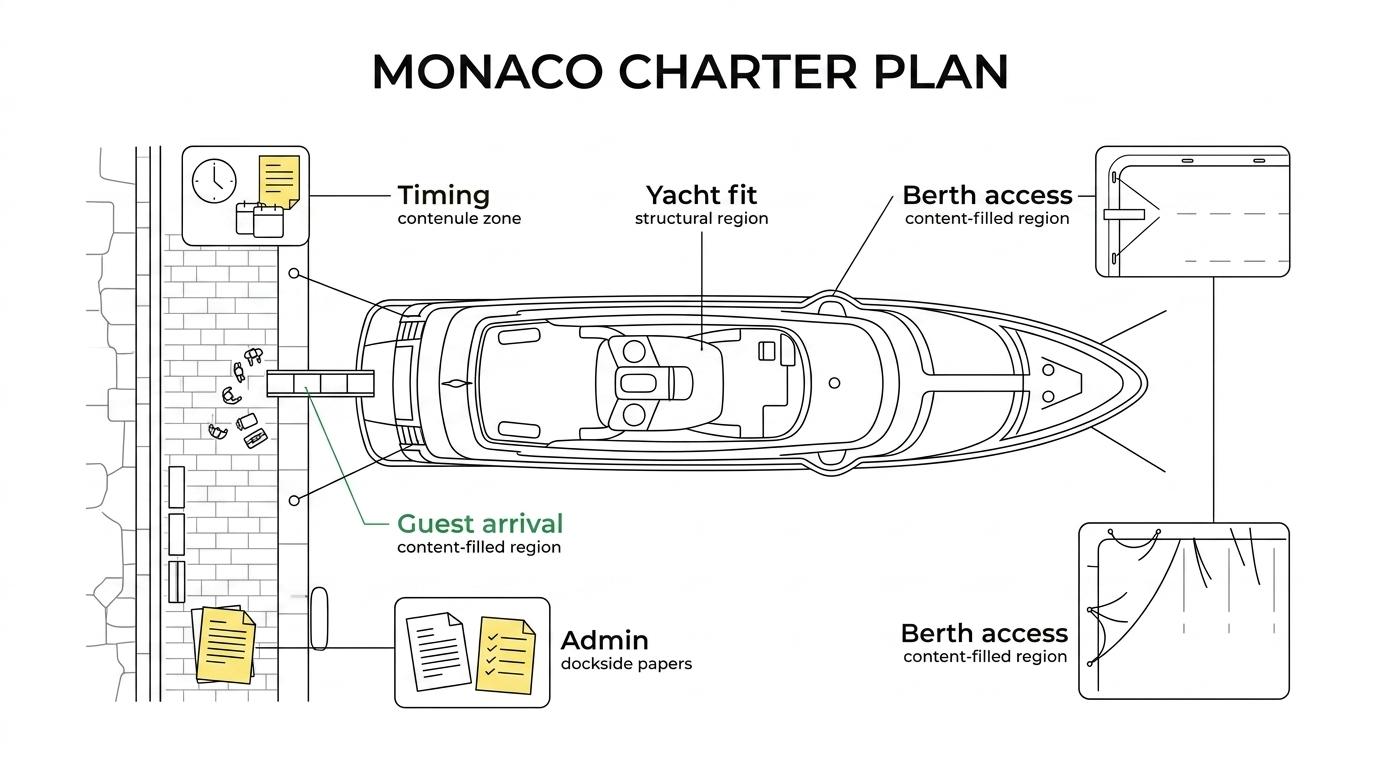 Diagram showing a Monaco yacht charter at the center with linked parts including yacht choice, Port Hercule access, guest arrivals, Riviera cruising, event timing, and administration.