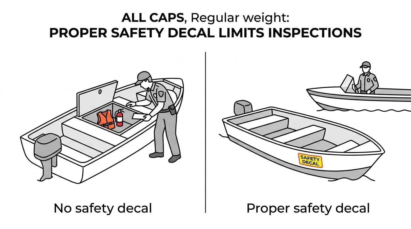 Side-by-side comparison of a Michigan boat with a valid safety decal and a boat without one, showing different DNR stop and inspection rules.