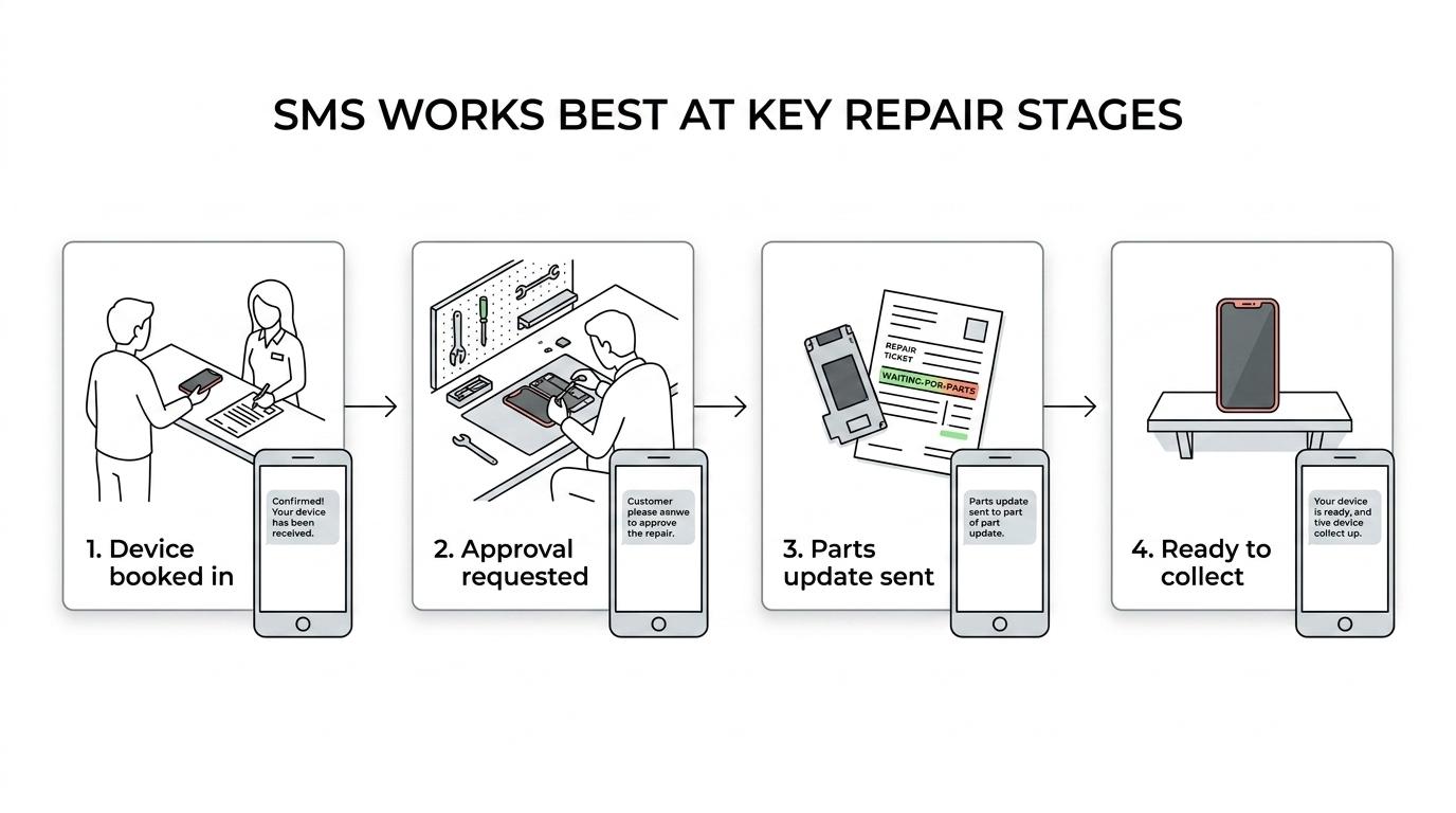 Repair workflow showing automated SMS updates at device check-in, diagnosis, approval request, parts update, ready-for-collection, and reminder stages.