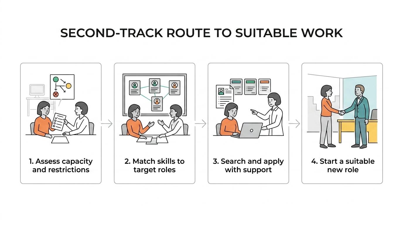 A step-by-step second-track reintegration journey from long-term sickness and no return to role, through assessment and job search support, to suitable work with another employer.