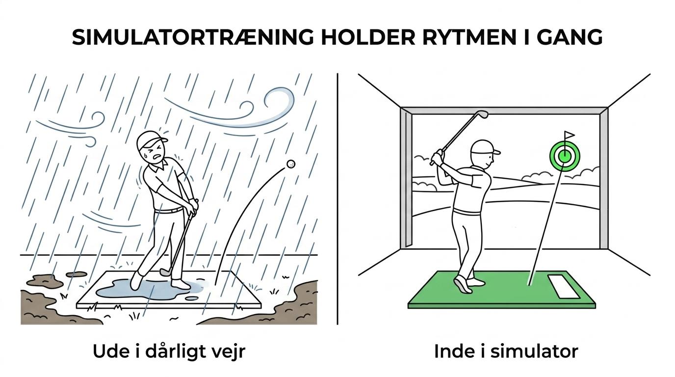 Side-by-side visning af en golfspiller i regn og blæst udendørs og en golfspiller, der træner tørt i en indendørs simulator.