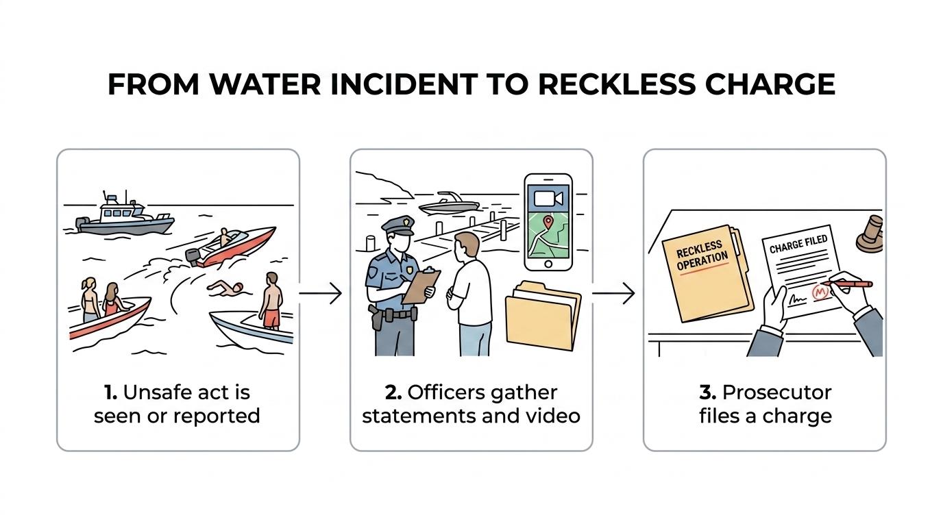 Flowchart showing a reckless watercraft case moving from officer observation, complaint, or near collision to witness statements, video and GPS evidence, and then charging review.