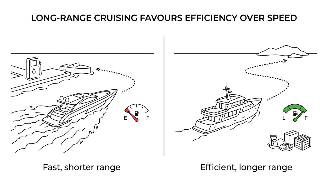 Side-by-side comparison of a full-displacement expedition-style motor yacht and a planing motor yacht with differences in range, cruising speed, fuel efficiency, and cruising use.