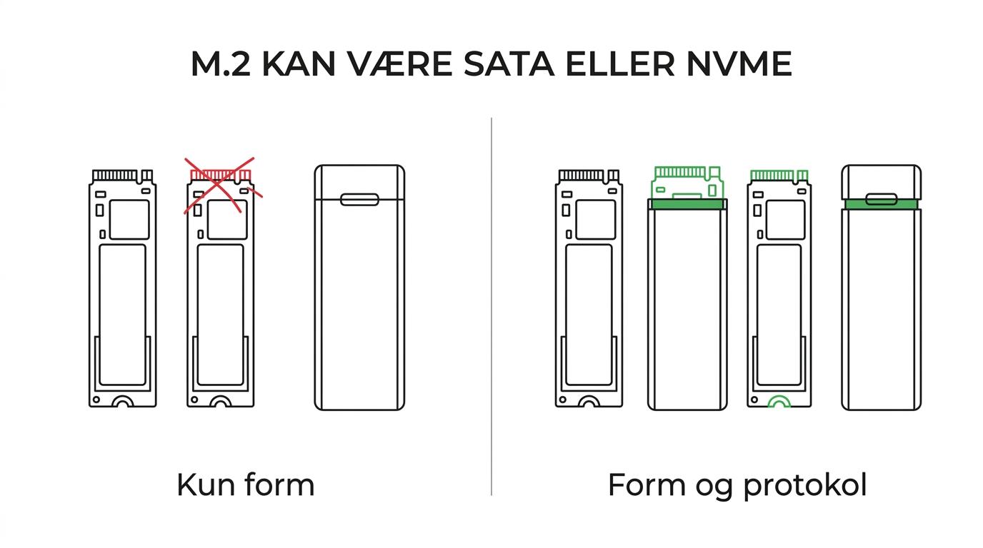 Sammenligning af 2,5-tommer SATA, M.2 SATA og M.2 NVMe med deres form, protokol og matchende kabinettyper.