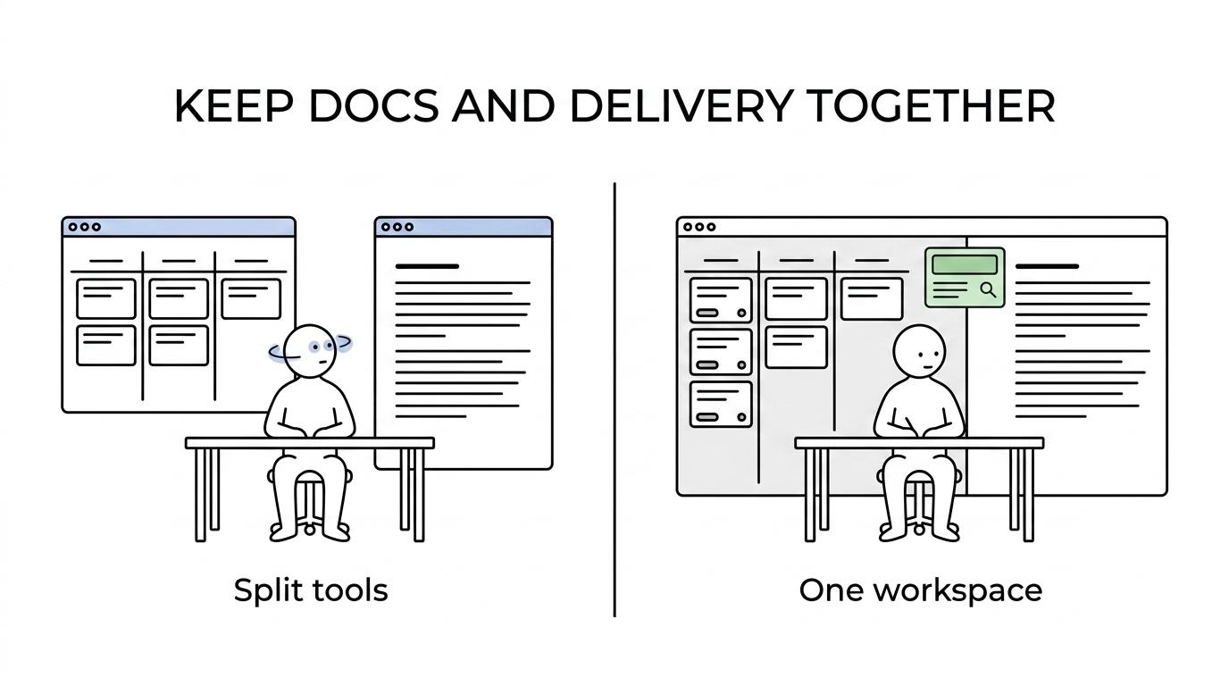 Side-by-side comparison of Jira, Notion, and a unified workspace across tickets, documentation, workflow structure, and shared context.
