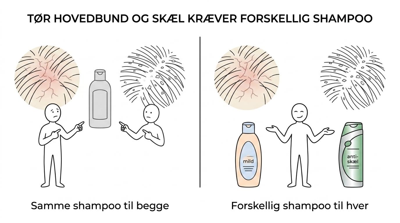 Side-by-side comparison of dry scalp and dandruff symptoms with matching shampoo recommendations.