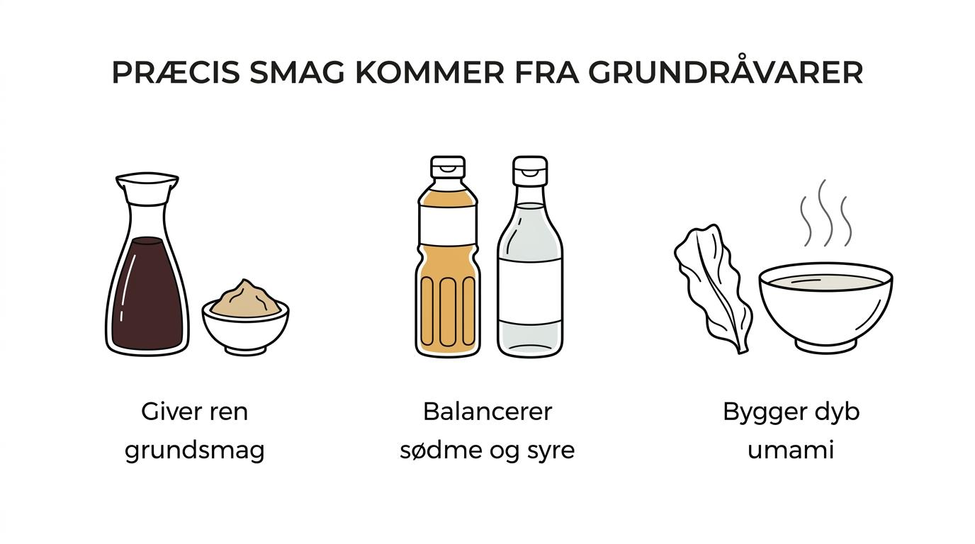 Illustreret overblik over shoyu, miso, mirin, riseddike, kombu, dashi og yuzu med deres roller i japansk restaurantmad.