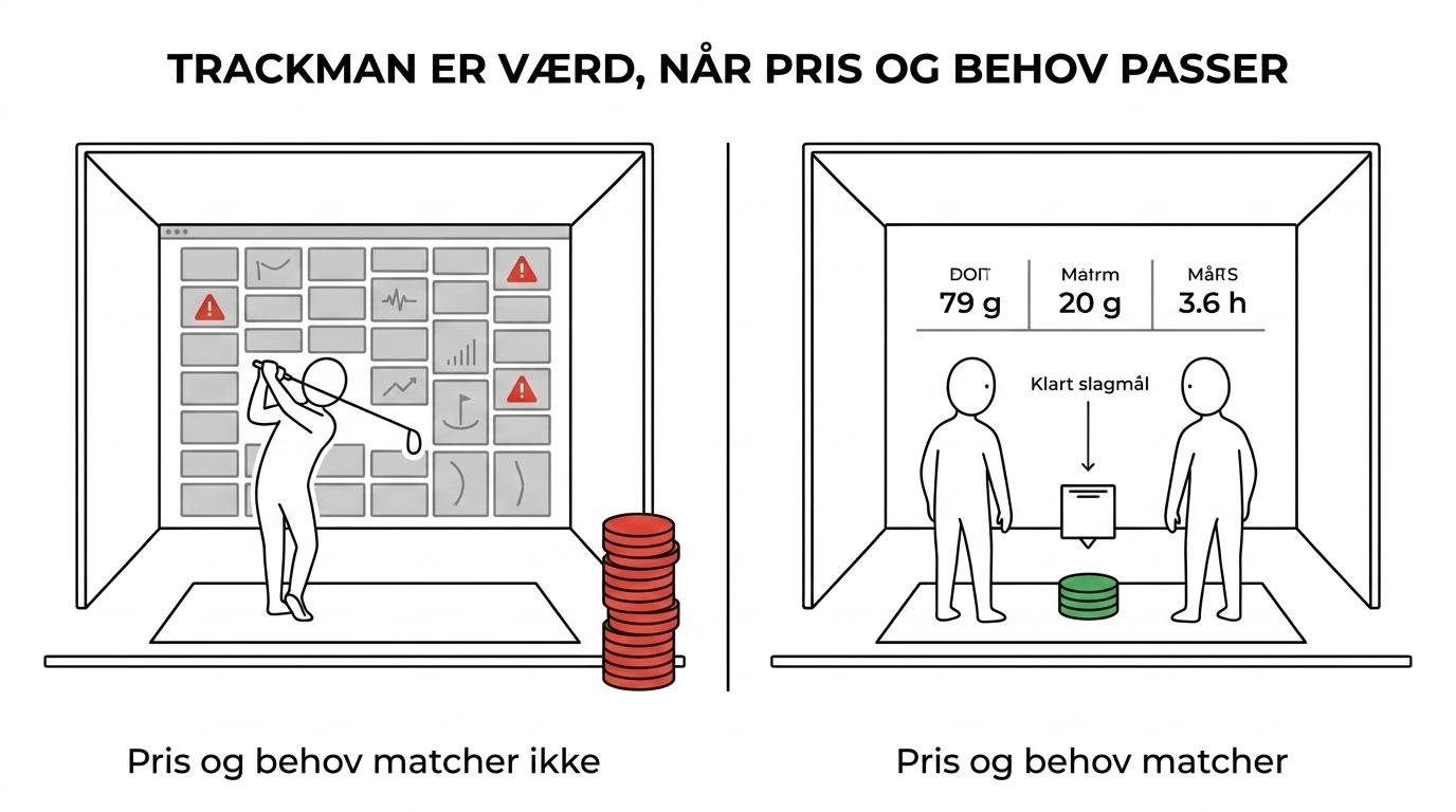 Side-om-side sammenligning af situationer, hvor TrackMan er pengene værd, versus situationer hvor en enklere løsning er nok.