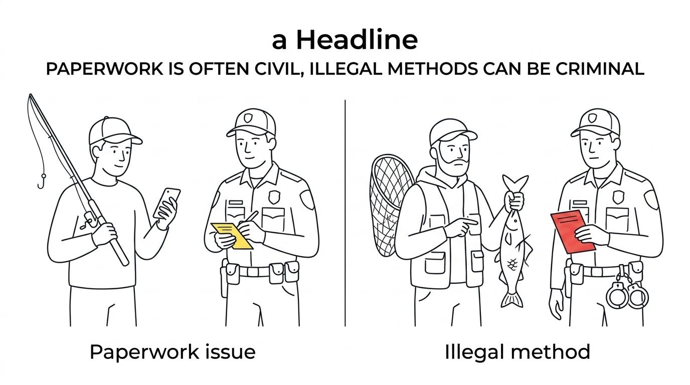 Side-by-side comparison of Michigan fishing violations, showing license and proof issues on one side and illegal methods, snagging, and prohibited gear on the other, with much harsher criminal consequences for the latter.