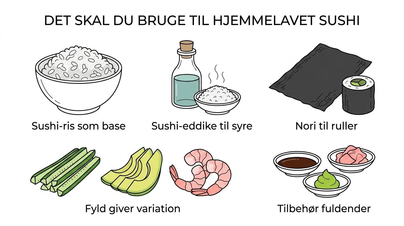 Illustration af de vigtigste sushi-ingredienser: sushi-ris, sushi-eddike, nori, fyld og tilbehør.