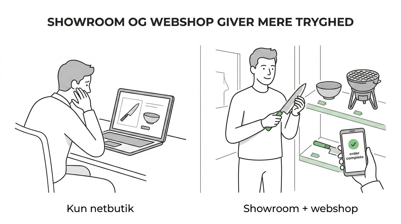 Side-by-side sammenligning af Yeschef med fysisk showroom og webshop versus en ren netbutik, med fokus på at se varer, hente i butik, hurtig levering og specialsortiment.