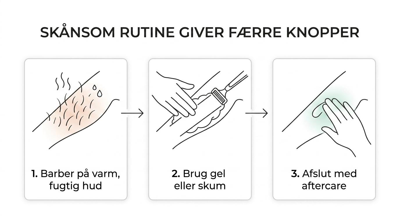 Tre trin i en ShaveSafe-rutine: barbering på varm og fugtig hud, gel eller skum for bedre glid, og aftercare bagefter.