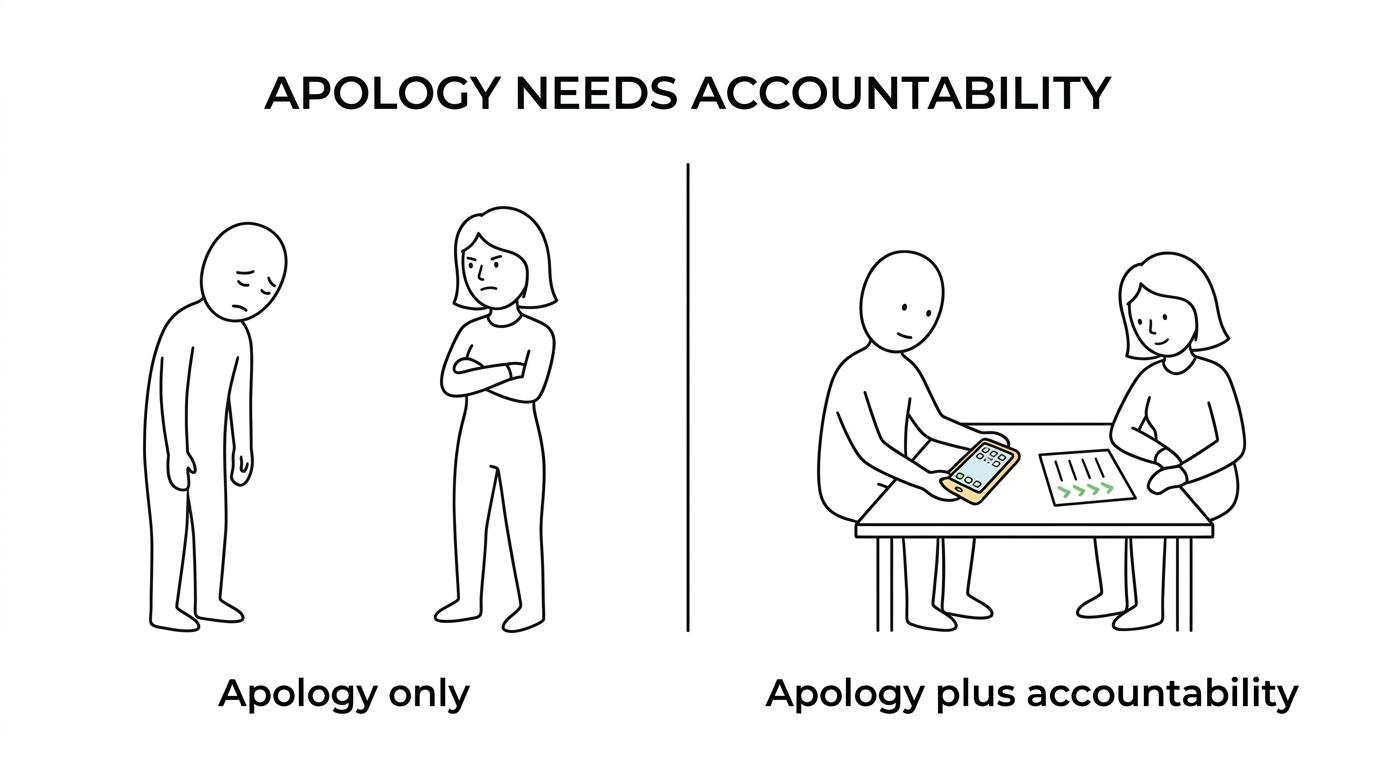 Side-by-side comparison showing apology versus accountability in repairing trust after betrayal.