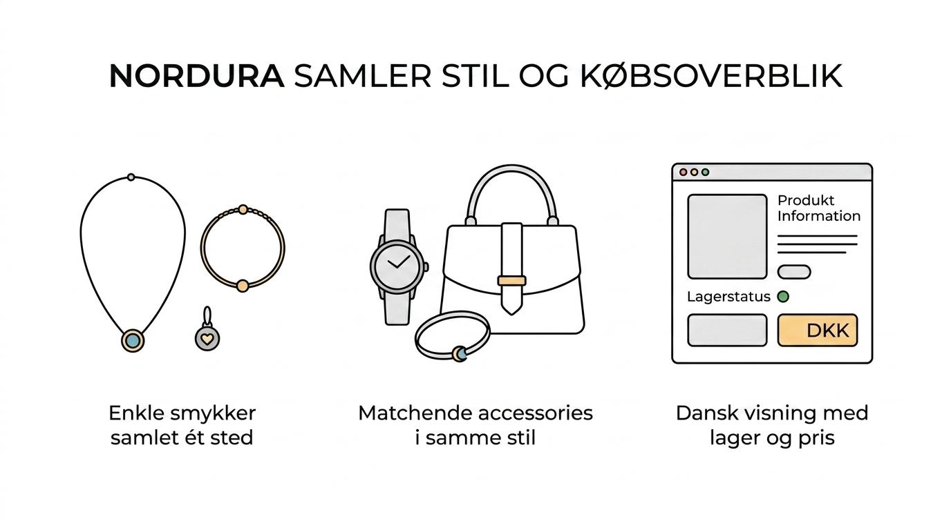 Et oversigtselement med de vigtigste fordele ved at købe minimalistiske smykker hos Nordura: nordisk stil, lag-på-lag, dansk produktvisning, priser i DKK og tydelig lagerstatus.