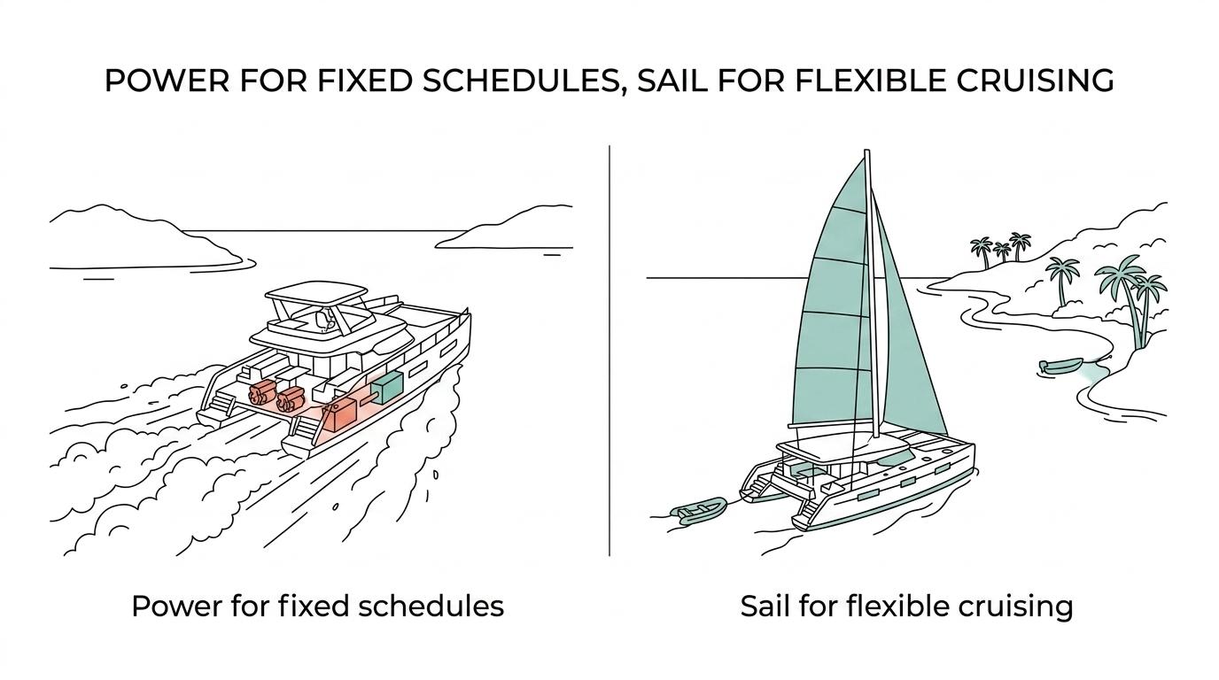 Side-by-side comparison of a sailing catamaran for long-range anchoring and a power catamaran for faster scheduled cruising.