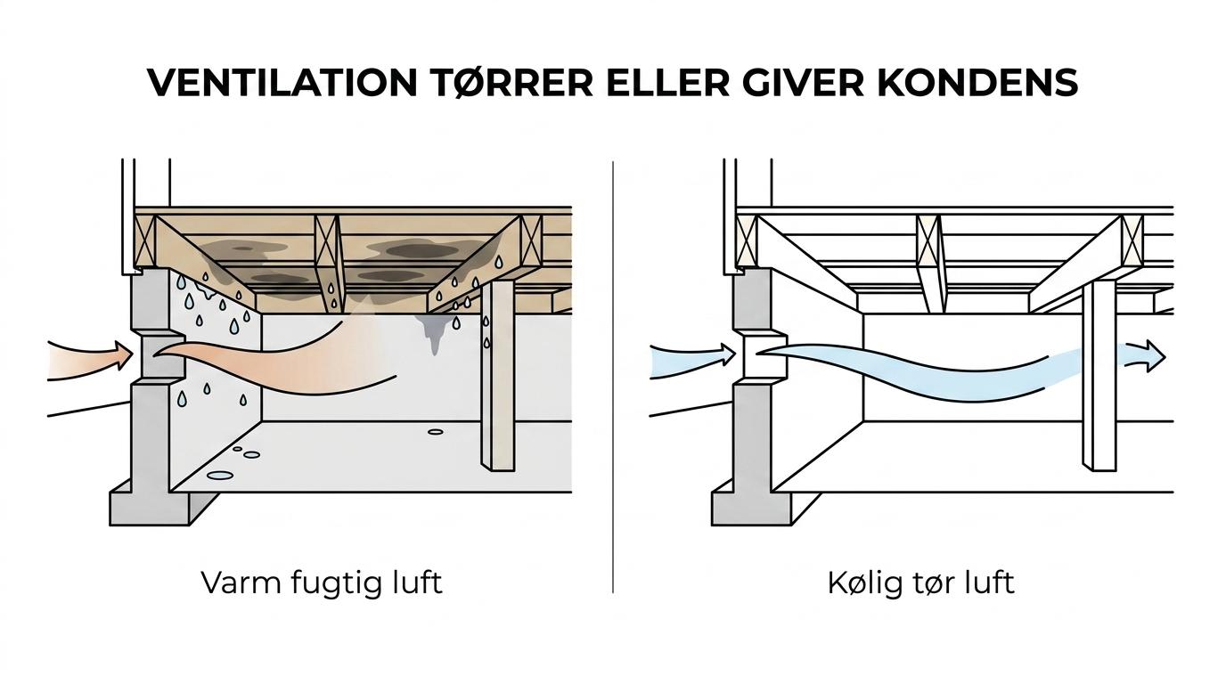 Sammenligning af to krybekældre: tør, kølig udeluft ventilerer fugt væk på den ene side, mens varm fugtig sommerluft danner kondens på kolde bjælker på den anden side.