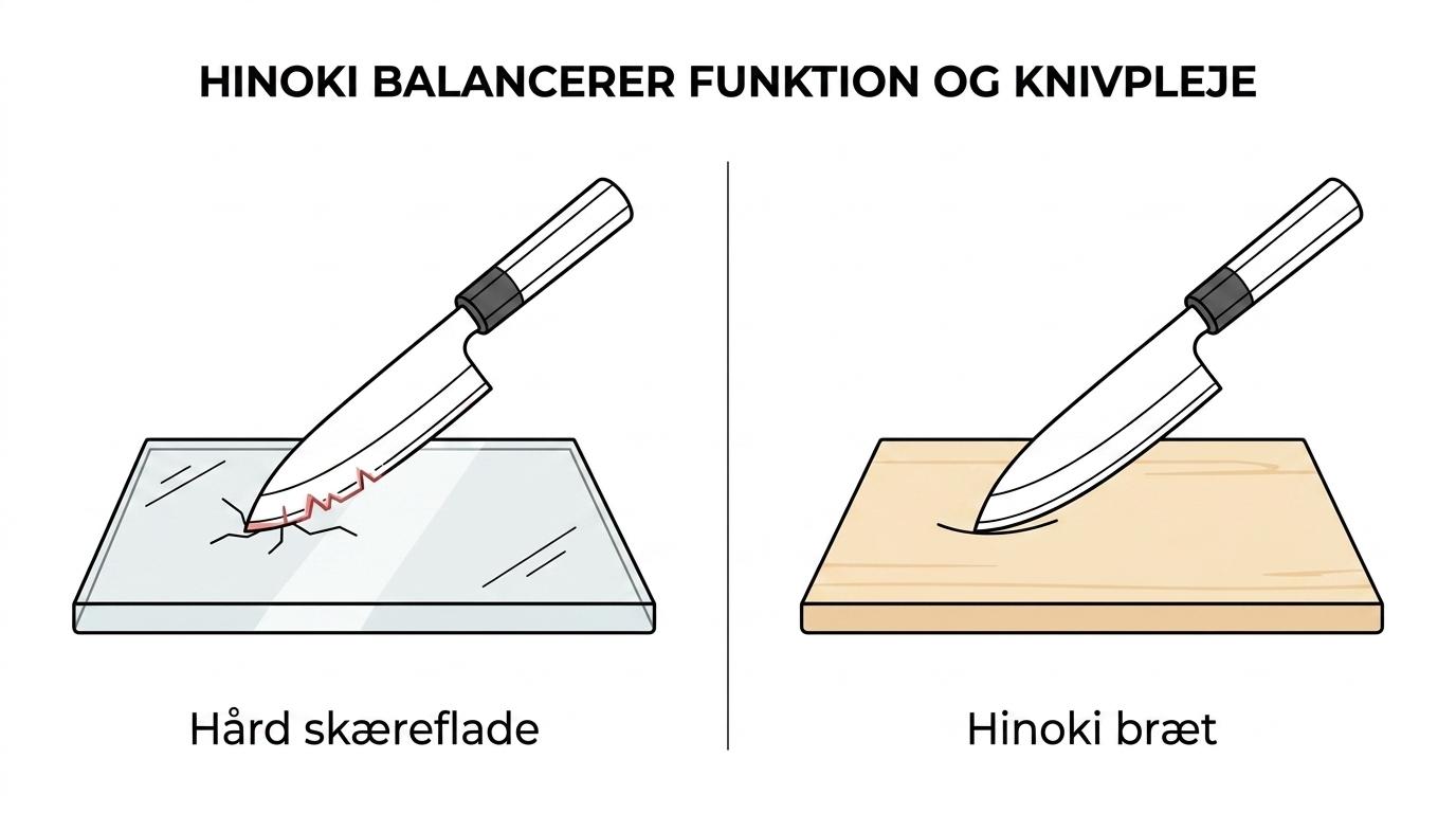 Sammenligning af hinoki, hårdt træ, plastik og glas eller sten som skæreflader med fokus på knivsæg, vægt og overfladefølelse.