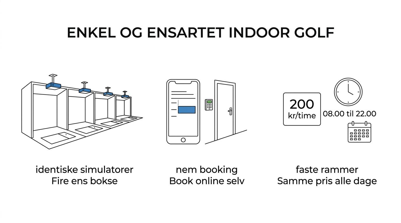 Visuel oversigt over Hadsten Indoor Golfs vigtigste fordele: fire ens TrackMan iO-simulatorer, åbent 08.00 til 22.00, op til fire personer pr. simulator, 200 kr i timen og online booking.