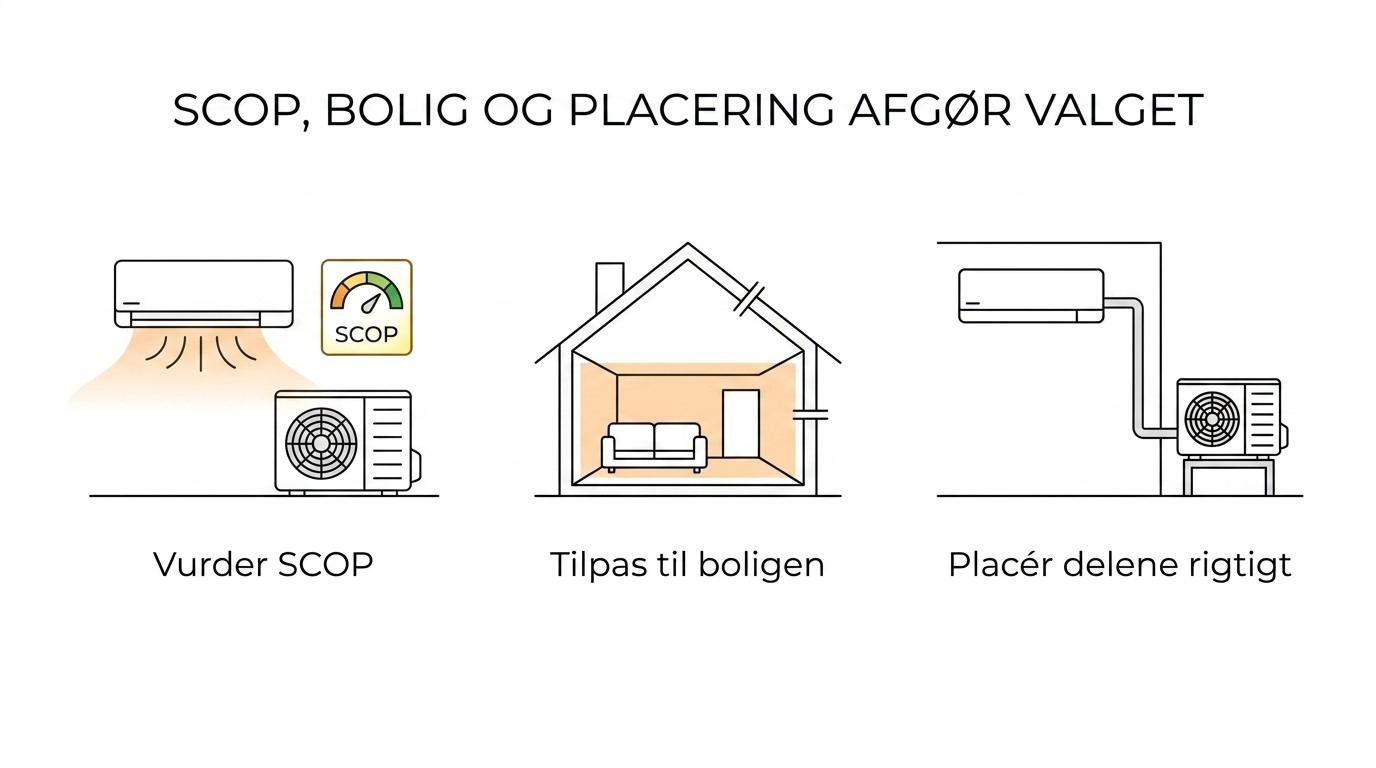 Grafik med de vigtigste faktorer ved valg af luft-til-luft varmepumpe: SCOP, boligstørrelse og isolering, placering af inde- og udedel samt installationsvej.