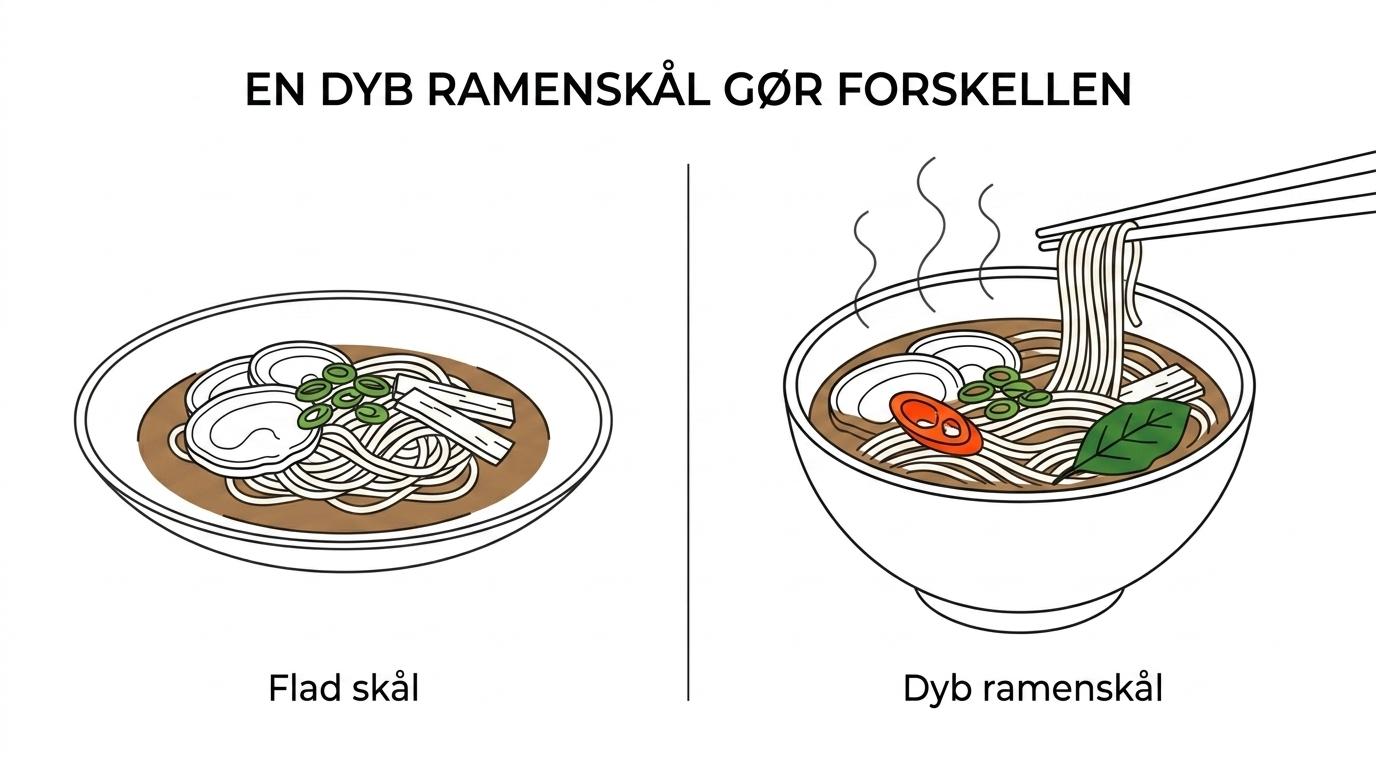 Sammenligning mellem en flad pastaskål og en dyb ramenskål med bouillon, nudler og toppings.
