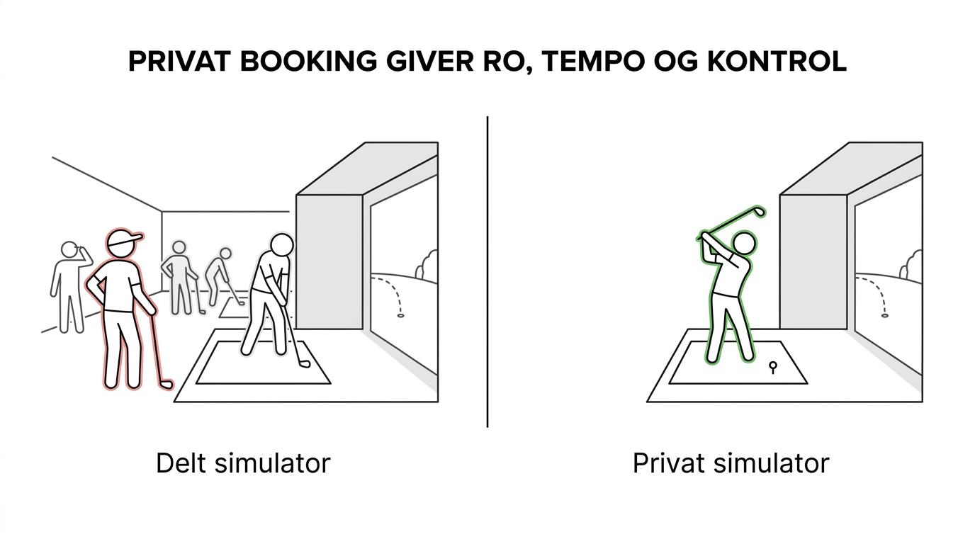 Side-by-side visning af en privat golfsimulatorboks med roligt spil og en delt session med flere forstyrrelser.