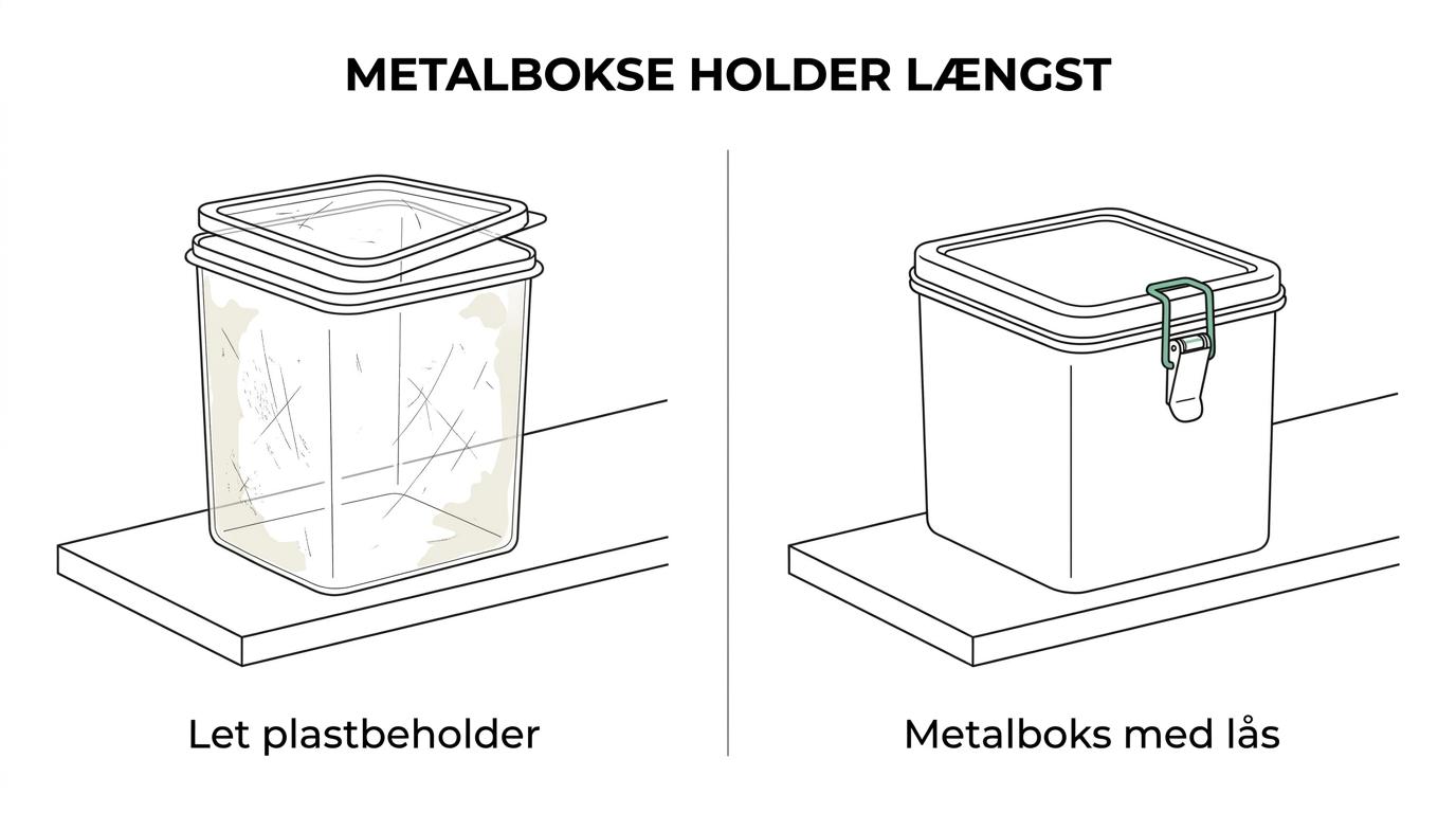 Side-by-side comparison of light plastic food containers and stainless steel storage boxes with locking lids.