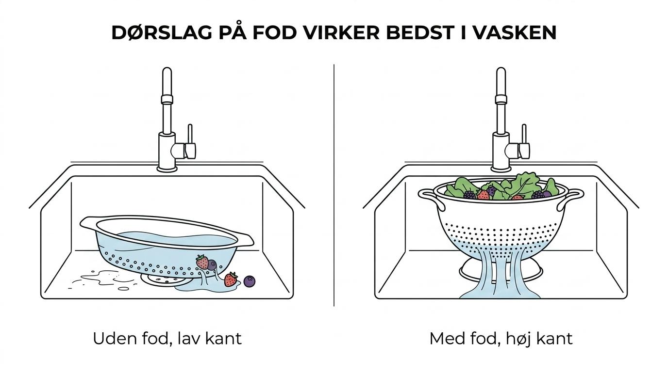 Sammenligning af fire typer dørslag med fokus på stabilitet, højde, dræn og egnethed til brug direkte i vasken.