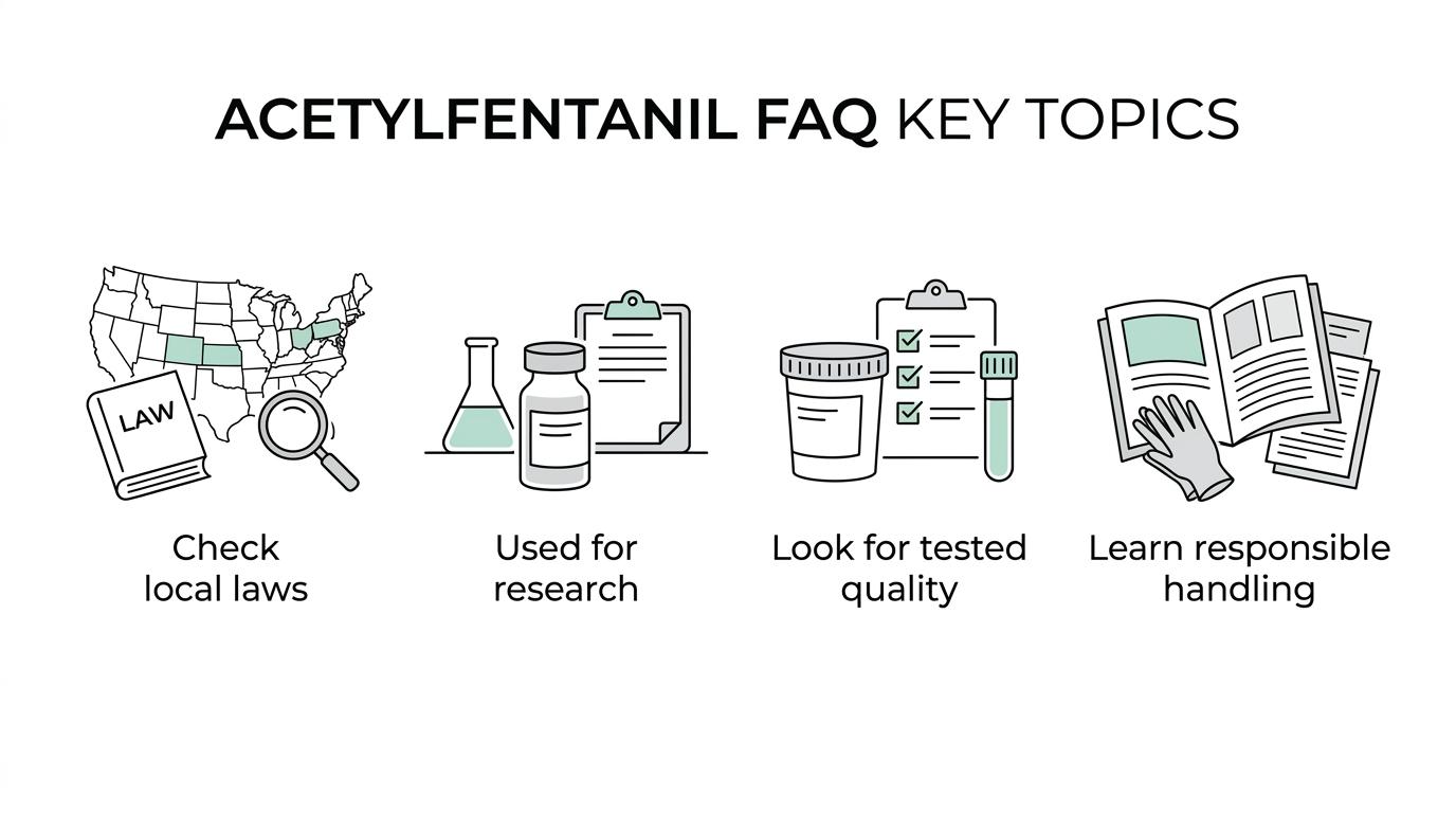 Four labeled sections summarizing acetylfentanil legal status, research use, quality testing, and safe handling guidance.
