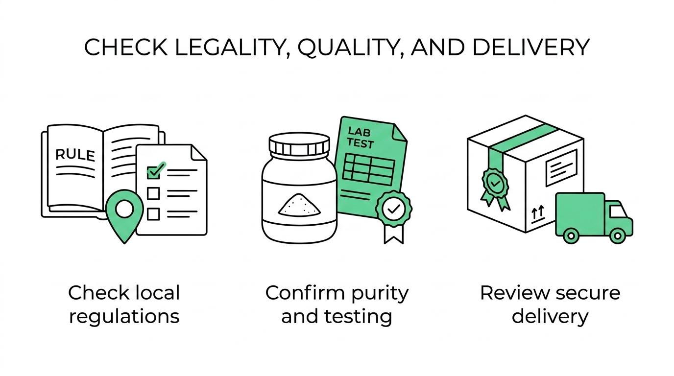 Graphic showing four labeled factors for evaluating a furanylfentanyl purchase: legality, quality control, packaging, and customer support.