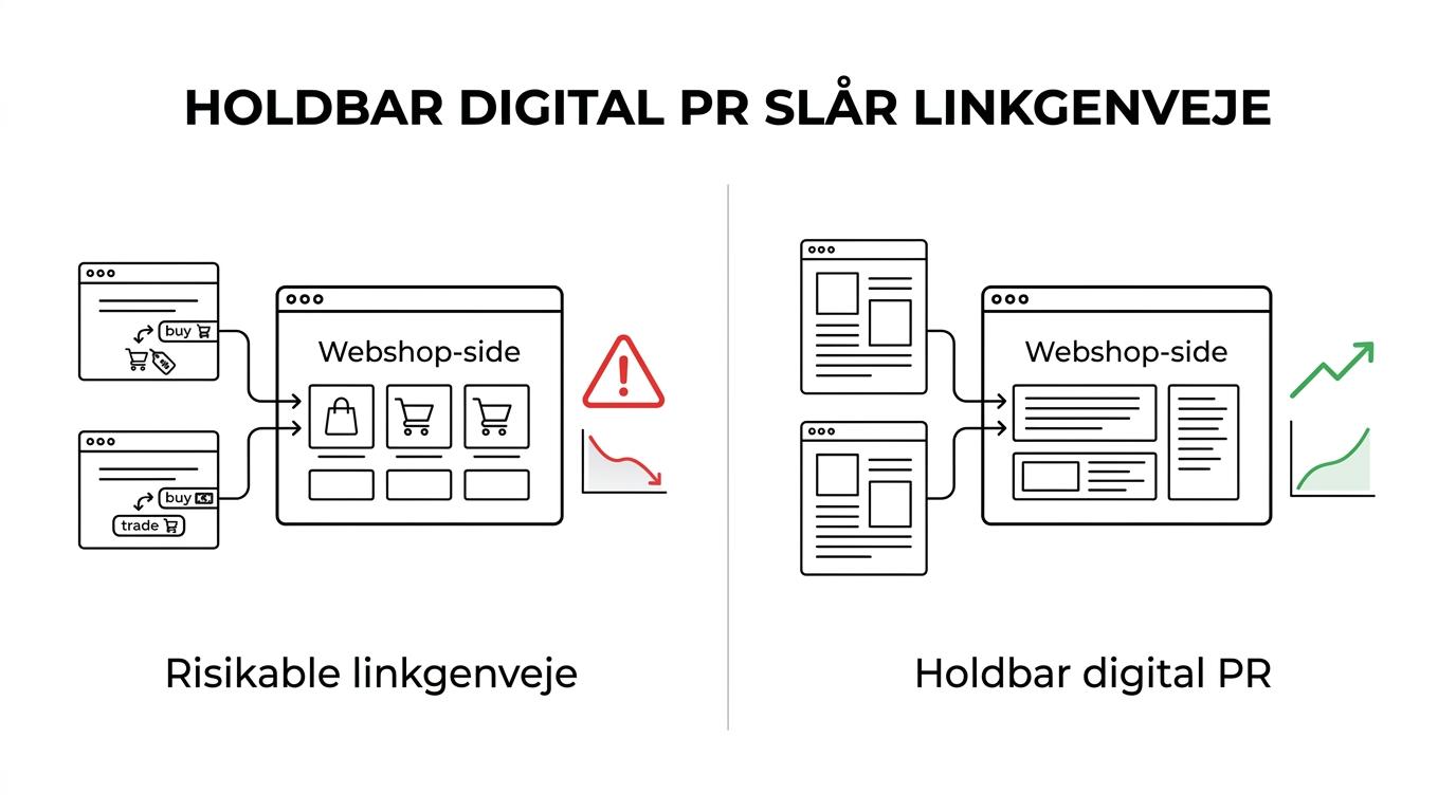 Sammenligning mellem risikabel linkbuilding og redaktionelt, SEO-drevet digital PR for webshops.