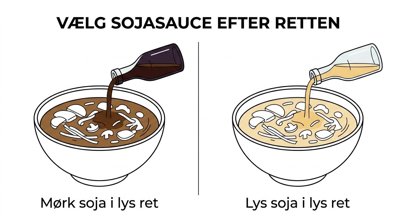 Sammenligning af koikuchi, usukuchi, tamari og hvid sojasauce med forskelle i farve, smag og anvendelse.