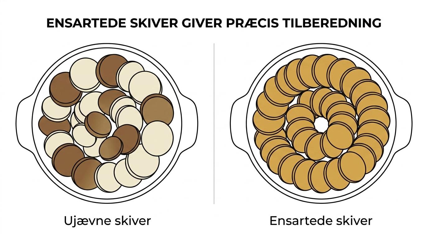 Side om side sammenligning af ujævne knivskårne grøntsagsskiver og ensartede, tynde skiver lavet på et mandolinjern.