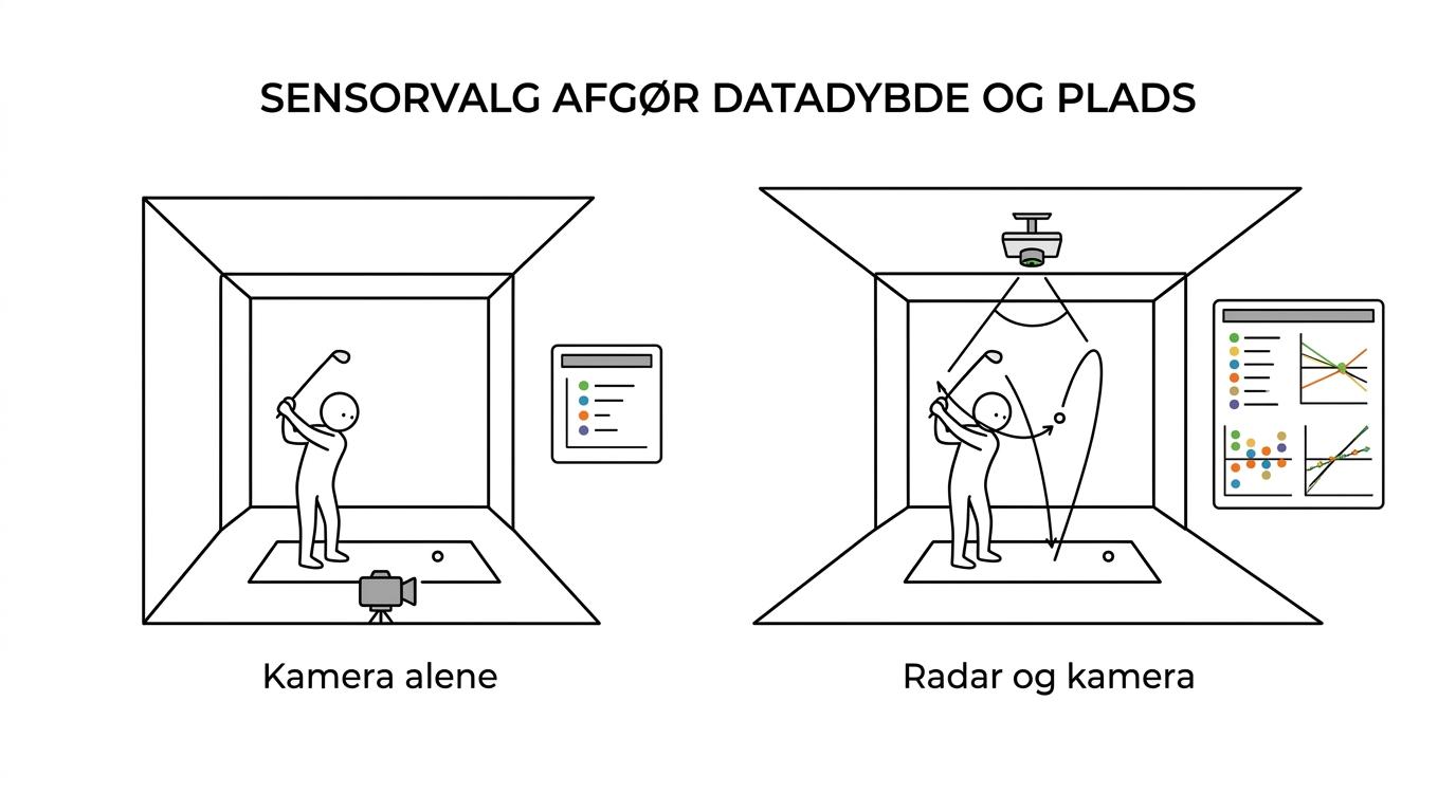 Sammenligning mellem TrackMan og standard golfsimulatorer med forskelle i sensorteknologi, datamåling, pladsbehov og typiske brugsscenarier.