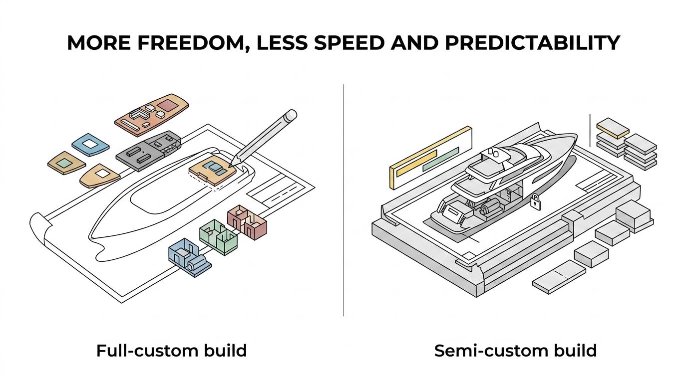 Side-by-side comparison of full-custom and semi-custom superyacht build approaches.