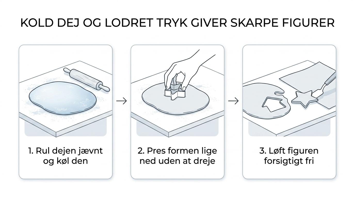 Trinvis illustration af småkagedej, der rulles jævnt ud, køles, udstikkes med et lige tryk og flyttes til bageplade.