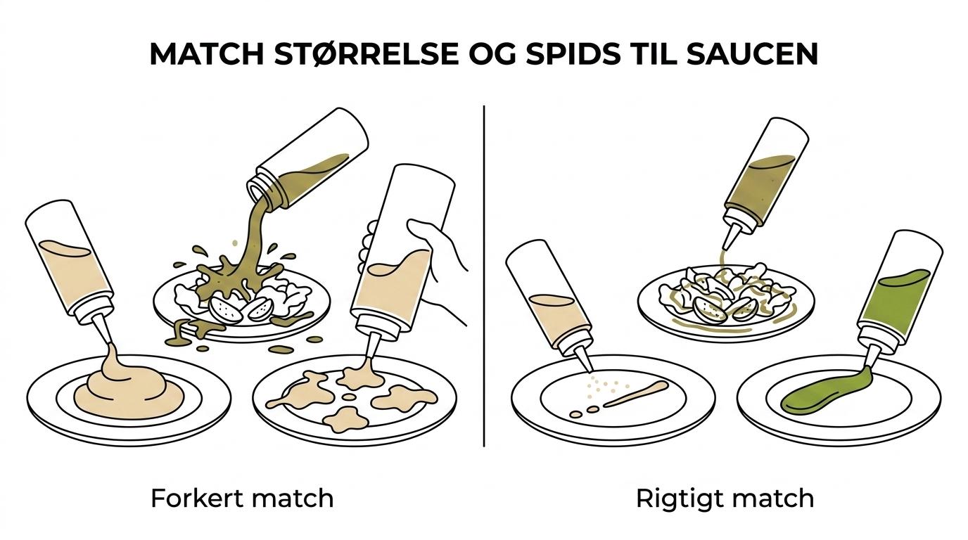 Fire dressingflasker i forskellige størrelser og med forskellige spidser sammenlignet til fin anretning, almindelig servering, prep og tykke saucer.