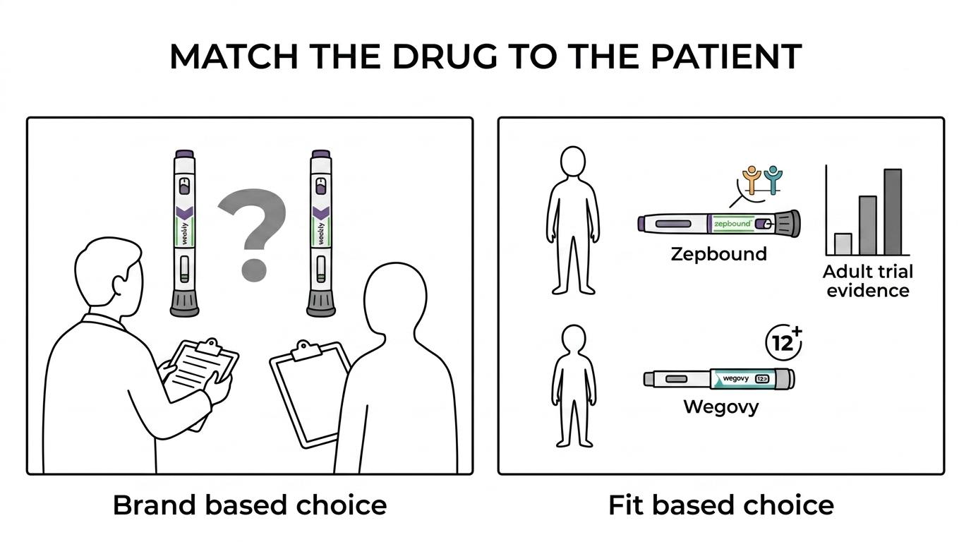 Side-by-side comparison of Wegovy and Zepbound showing active ingredient, receptor targets, age eligibility, dosing options, and trial evidence.