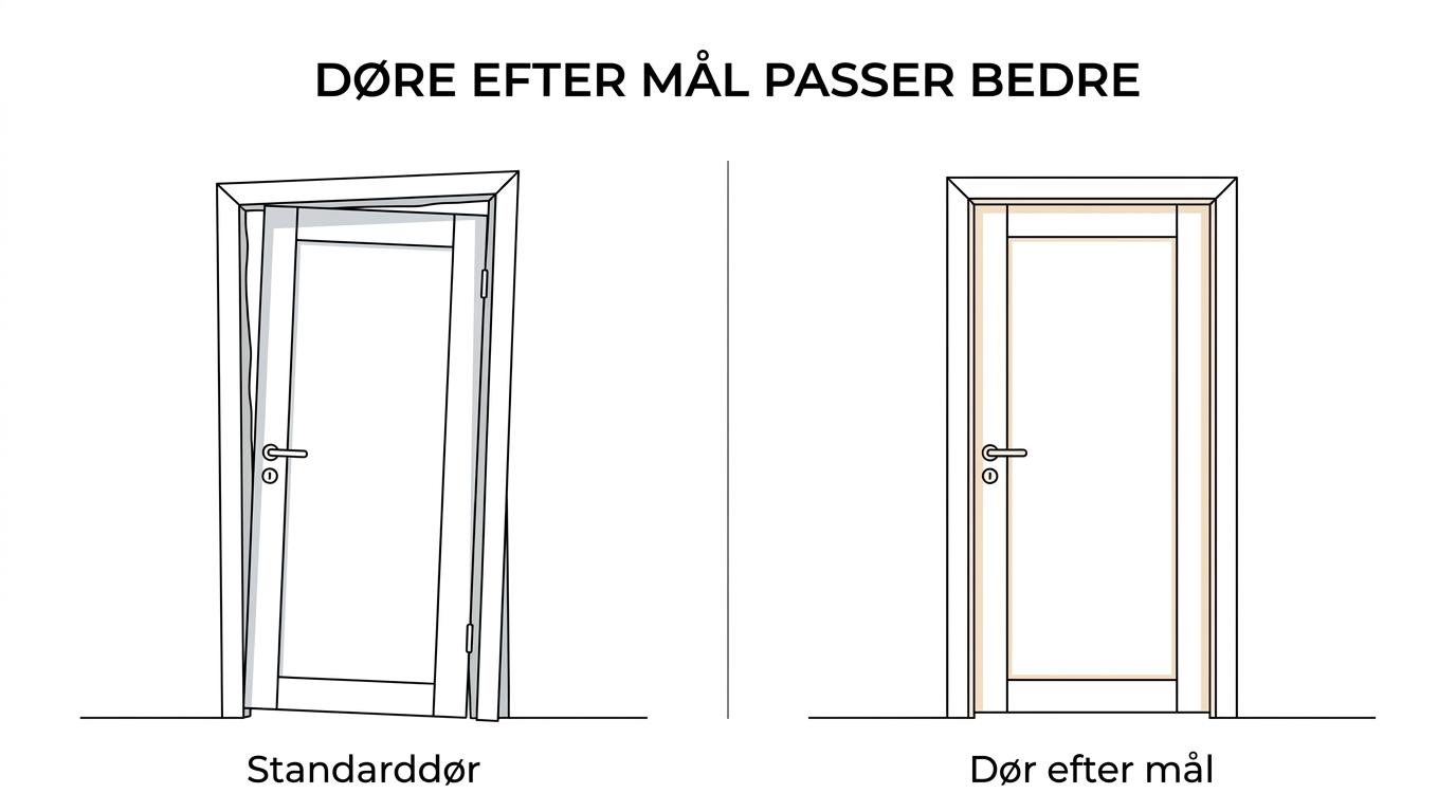 Side-by-side comparison of a standard interior door and a custom solid wood interior door with precise fit, matching frame, and integrated hardware.
