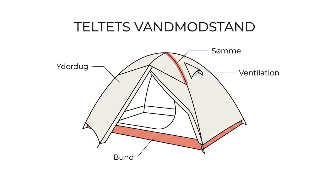 Et telt med markeringer af yderdug, bund, sømme og ventilationsåbninger, der påvirker vandmodstanden.