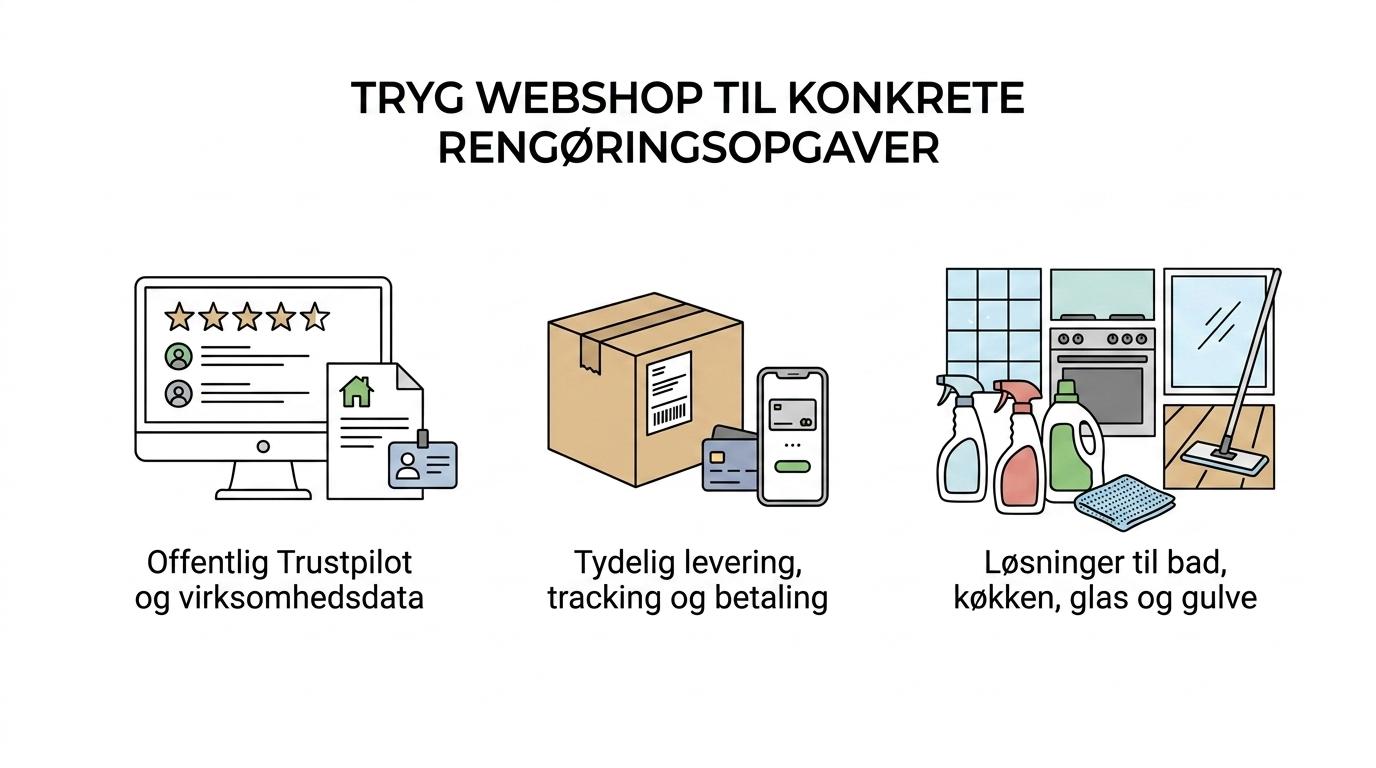 Oversigt med nøglepunkter om Skumtøsen: Trustpilot-score, CVR og adresse, betalingsmuligheder, levering med track and trace og rengøringsløsninger til bad, køkken, glas og gulve.