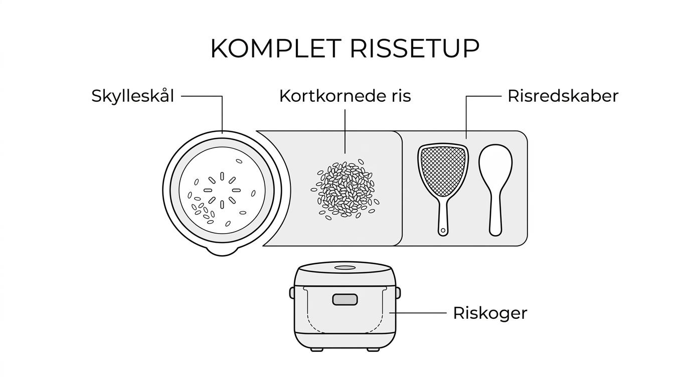 Mærket oversigt over et japansk rissetup med skylleskål, kortkornede ris, risnet, risske og riskoger.