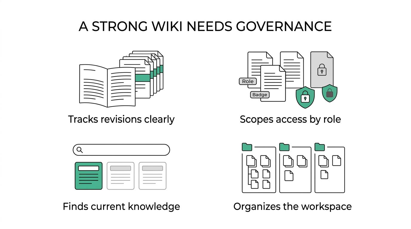Diagram showing the core evaluation criteria for an internal wiki: durable docs, permissions, search, structure, migration, identity, and AI governance.