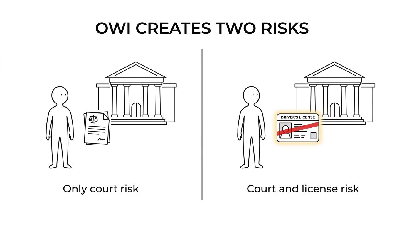 Side-by-side comparison of an OWI court case and Michigan license consequences, with criminal charges on one side and suspension, restricted driving, or revocation on the other.