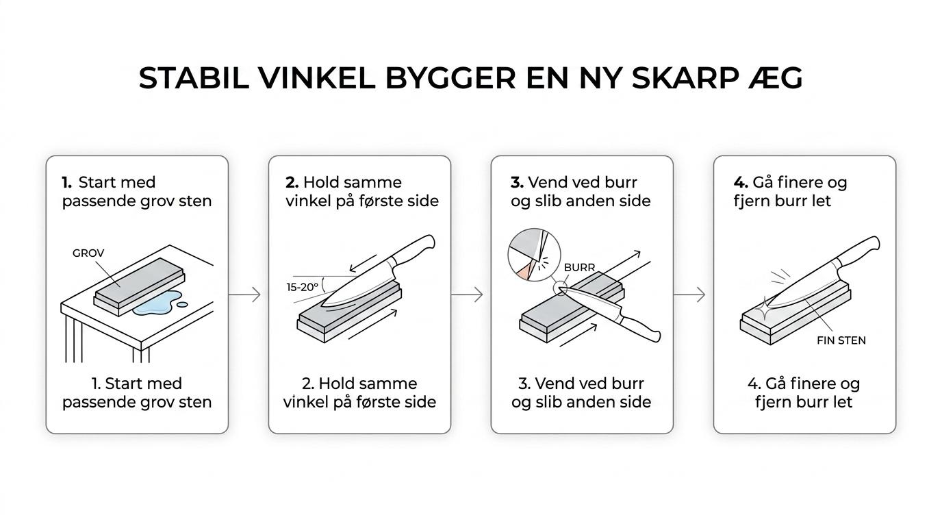 Trinvis oversigt over knivslibning på slibesten fra vinkel og første side til burr, sideskift og fin finish.