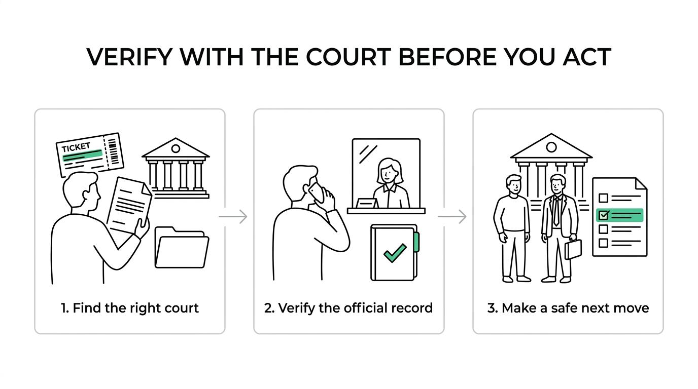 Flowchart showing the steps to check for a possible Michigan warrant through the court, use MiCOURT as a backup, and decide on lawyer help or next court action.