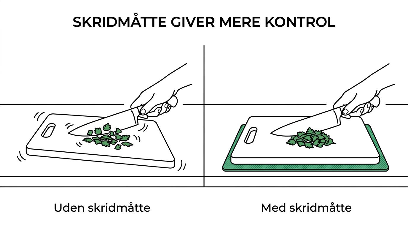 Sammenligning af et skærebræt på en glat bordplade uden skridmåtte, hvor det glider, og med skridmåtte, hvor det står fast under hakning.