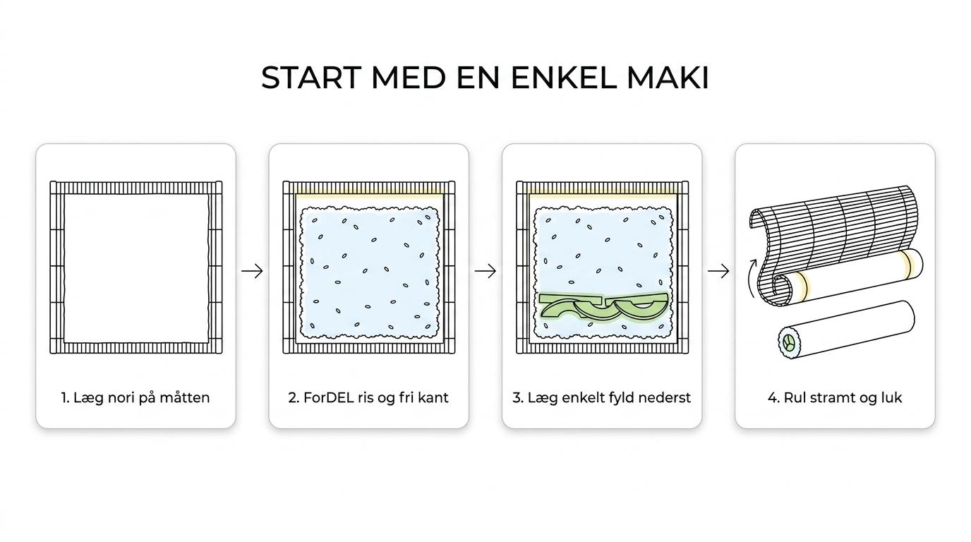 Trinvis visning af en enkel maki-rulle fra nori og ris til fyld, rulning og udskæring.