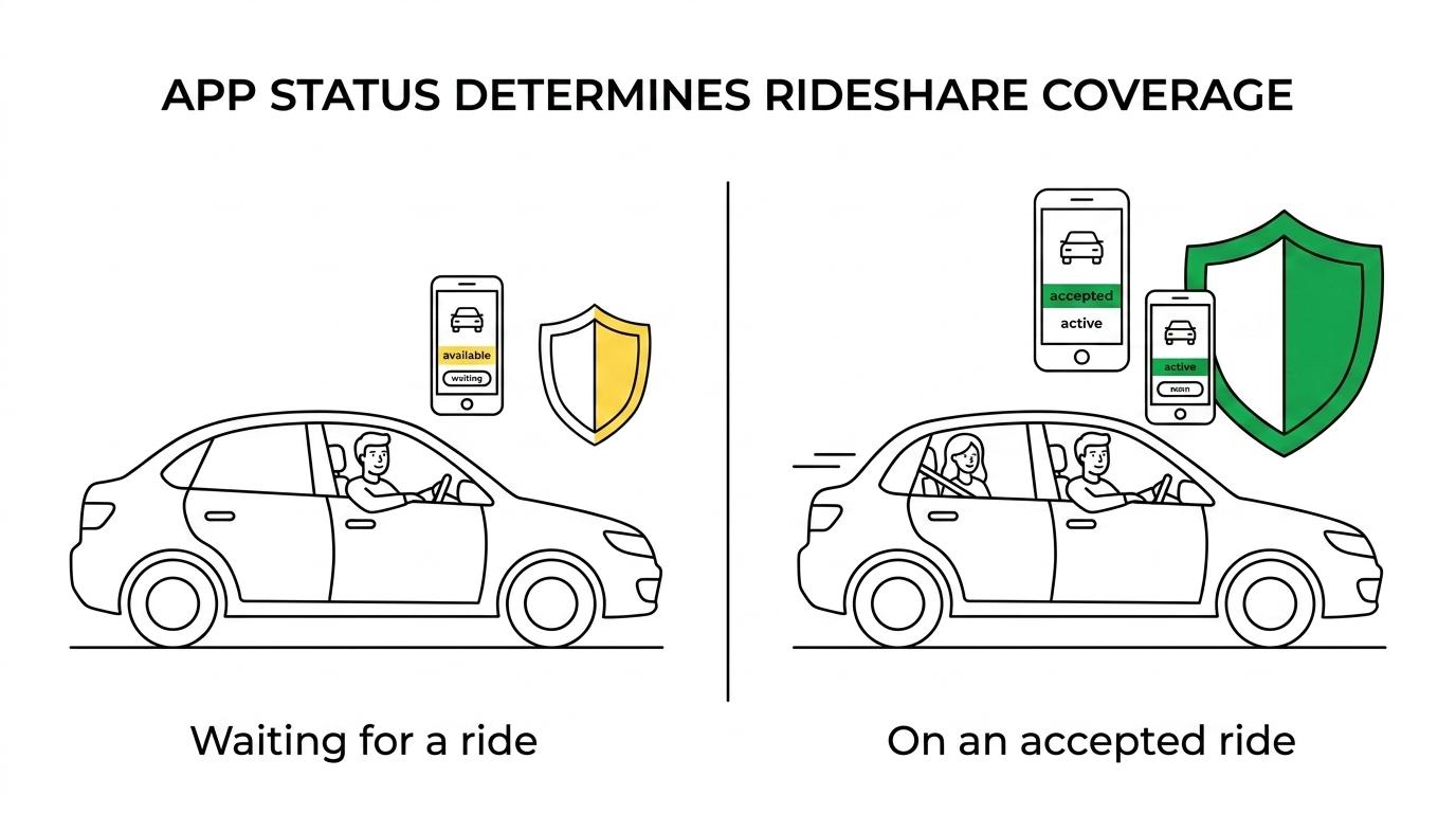 Side-by-side comparison of Michigan Uber and Lyft insurance coverage for app off, logged in and waiting, and accepted ride or passenger onboard.