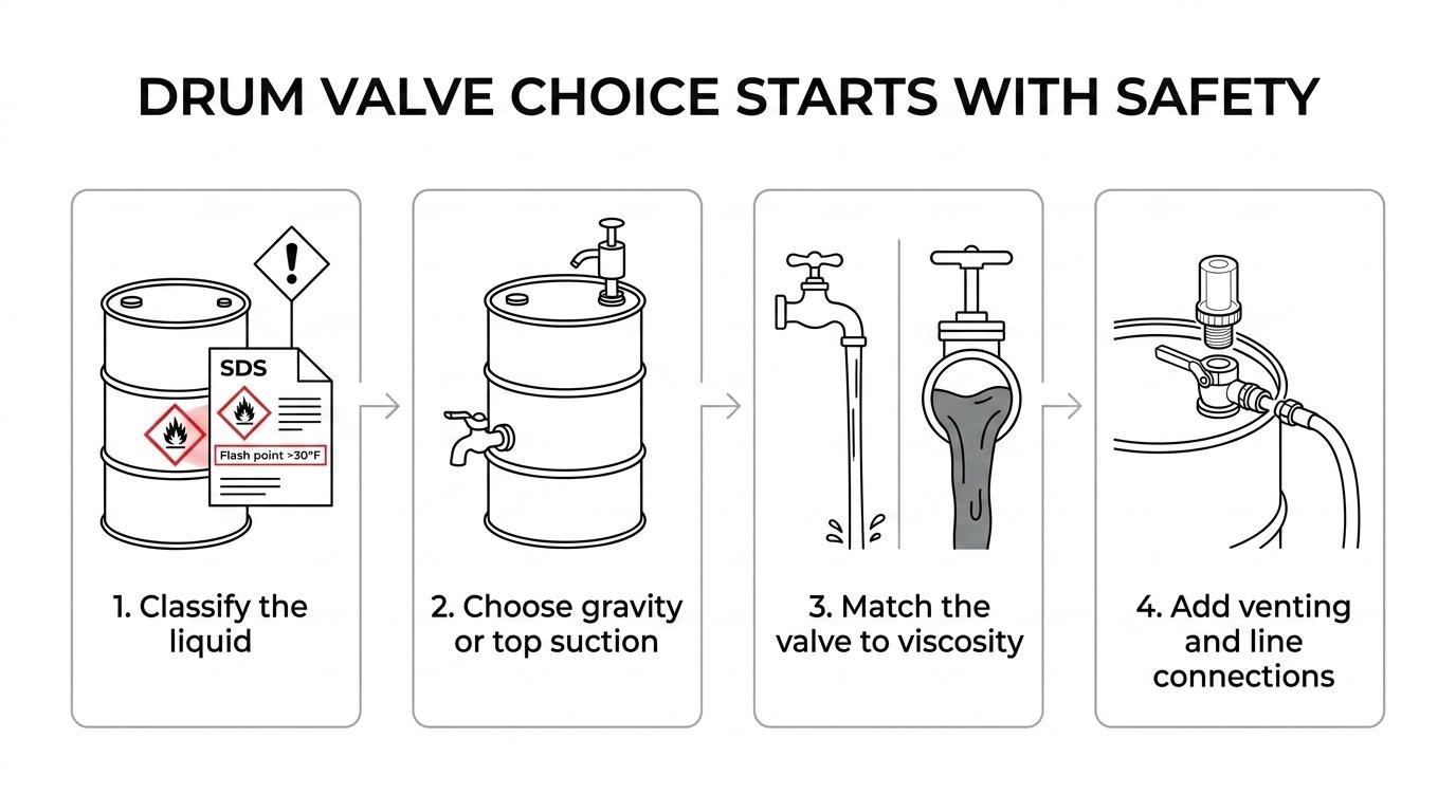 Flowchart showing how to choose a drum or barrel valve based on liquid hazard, dispensing method, viscosity, venting, and downstream connection needs.