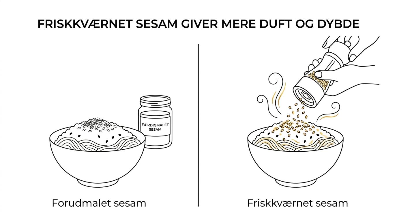 Side-by-side serving of a dish with pre-ground sesame from a container versus sesame being freshly ground over the dish at the table.
